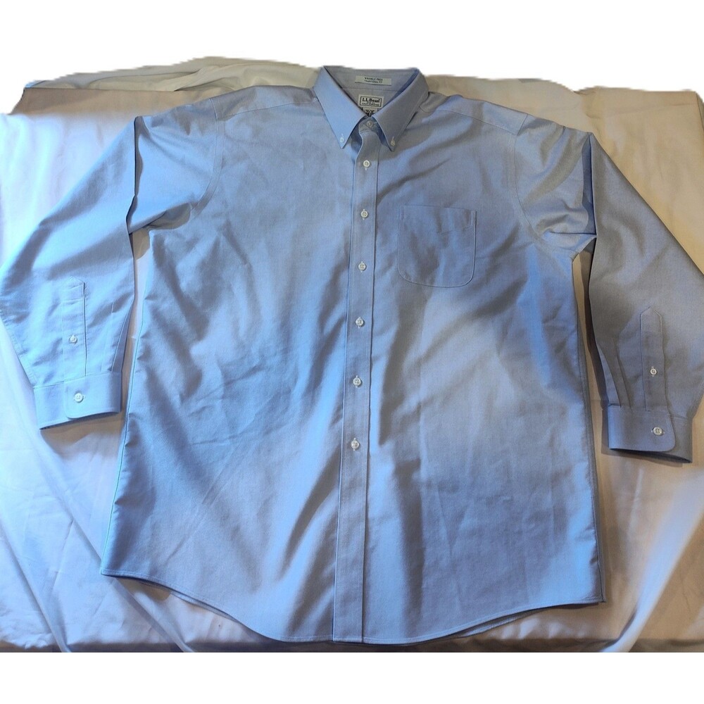 LL Bean Men Wrinkle Free Traditional Fit Blue/white micro check Sz 17 1/2 - 35
